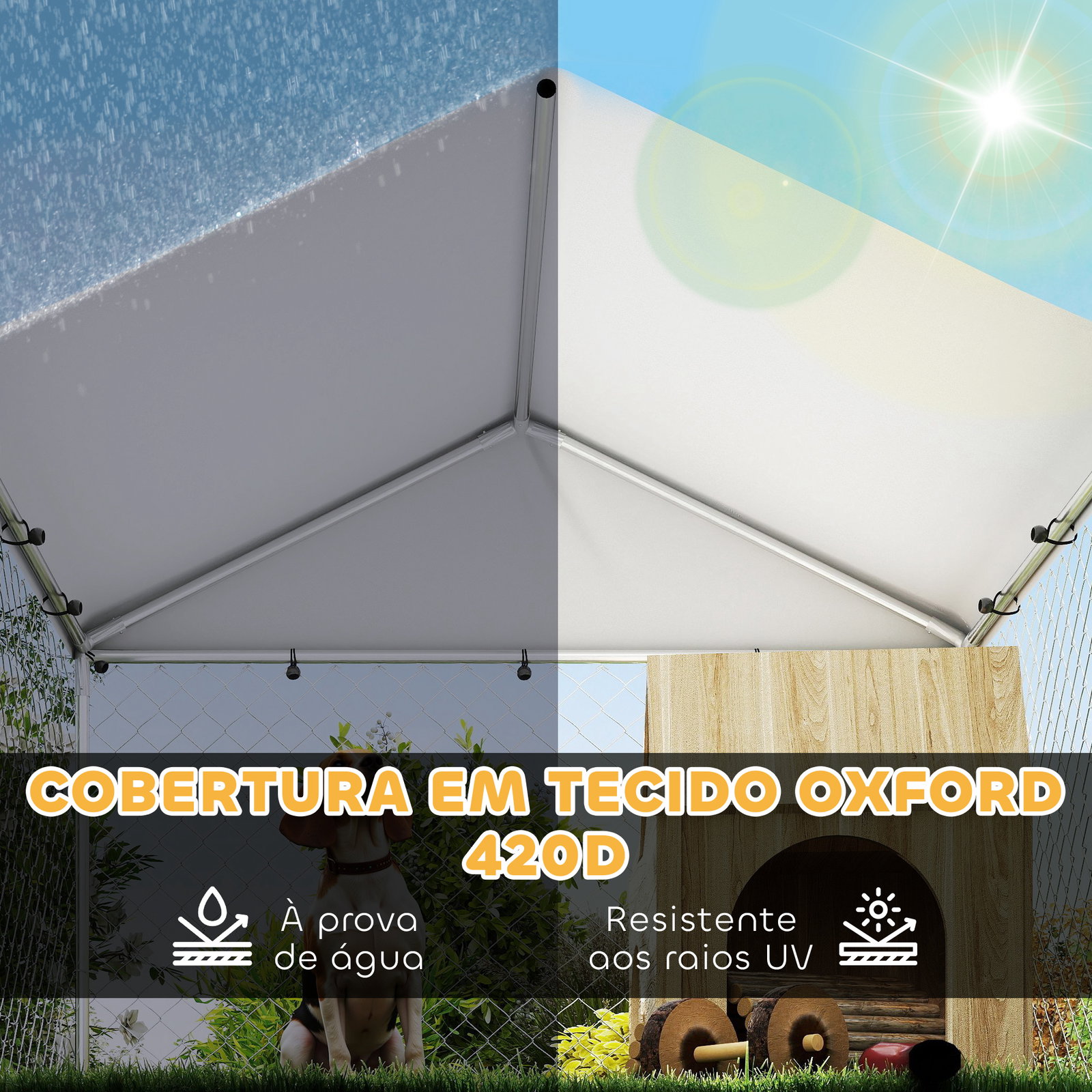 Canil exterior com toldo 2x2x1,54 m gaiola para cães em aço galvanizado com suporte para comida giratório e ajustável prata