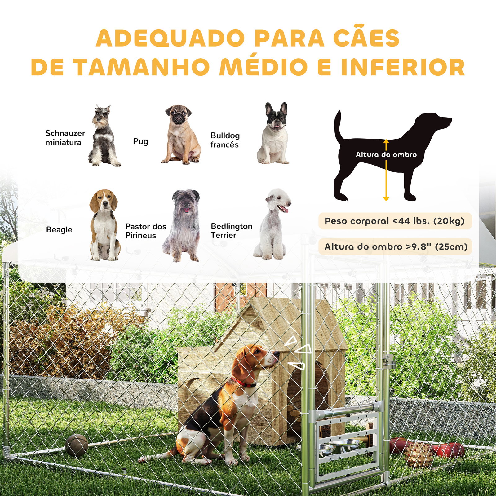 Canil exterior com toldo 2x2x1,54 m gaiola para cães em aço galvanizado com suporte para comida giratório e ajustável prata