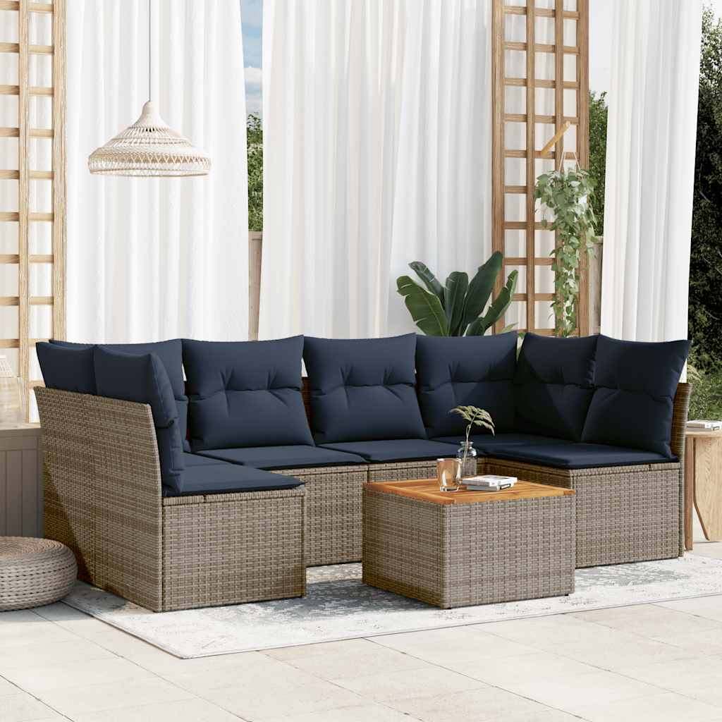 7 Pcs conjunto sofás p/ jardim c/ almofadões vime PE cinzento