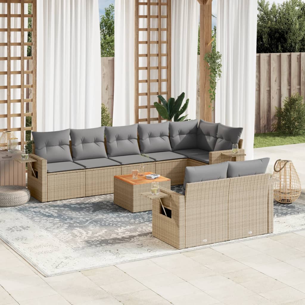 9 Pcs conj. sofás jardim c/ almofadões vime PE bege misturado