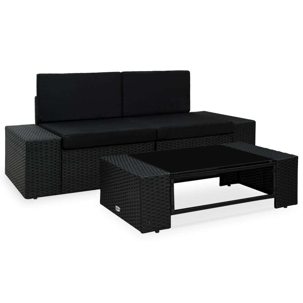 3 Pcs conjunto lounge para jardim vime PE preto