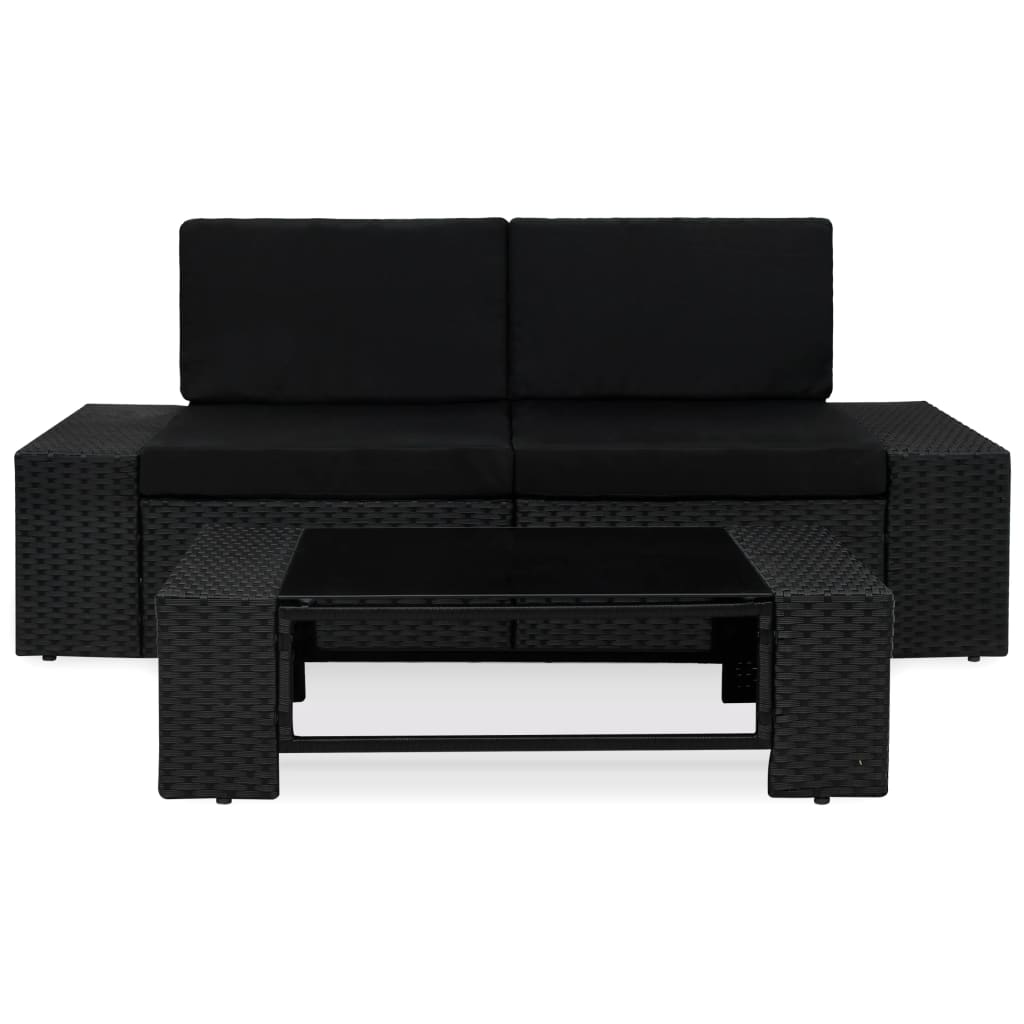 3 Pcs conjunto lounge para jardim vime PE preto