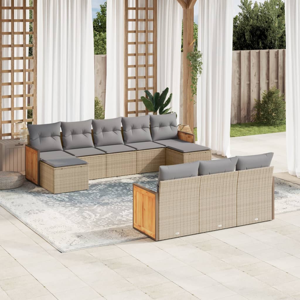 10 Pcs conjunto de sofás p/ jardim com almofadões vime PE bege