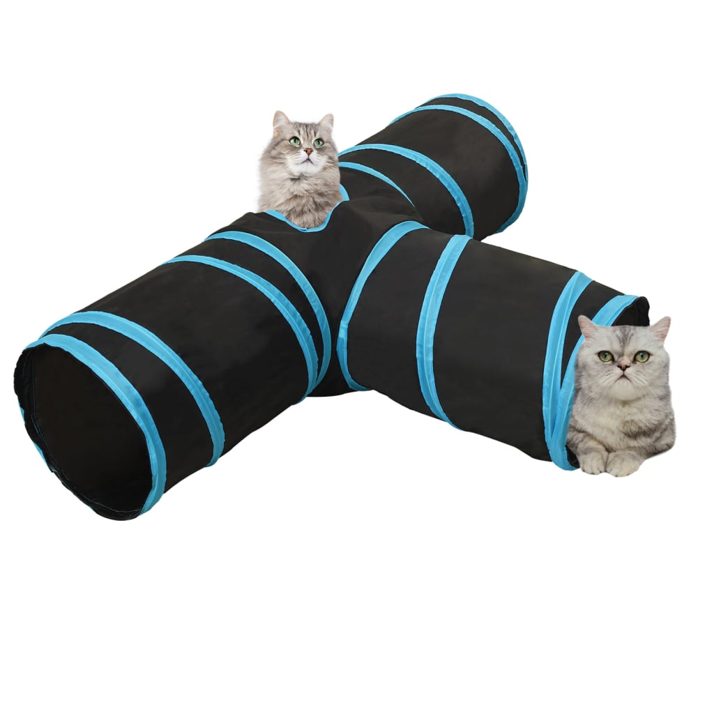 Túnel para gatos 3 vias 90 cm poliéster preto e azul