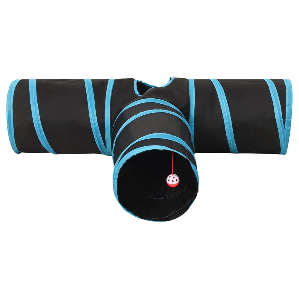 Túnel para gatos 3 vias 90 cm poliéster preto e azul
