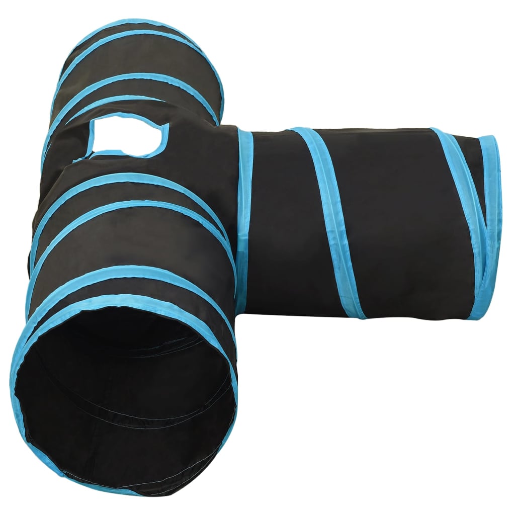 Túnel para gatos 3 vias 90 cm poliéster preto e azul