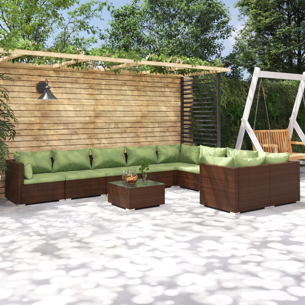 10 Pcs conjunto lounge de jardim c/ almofadões vime PE castanho