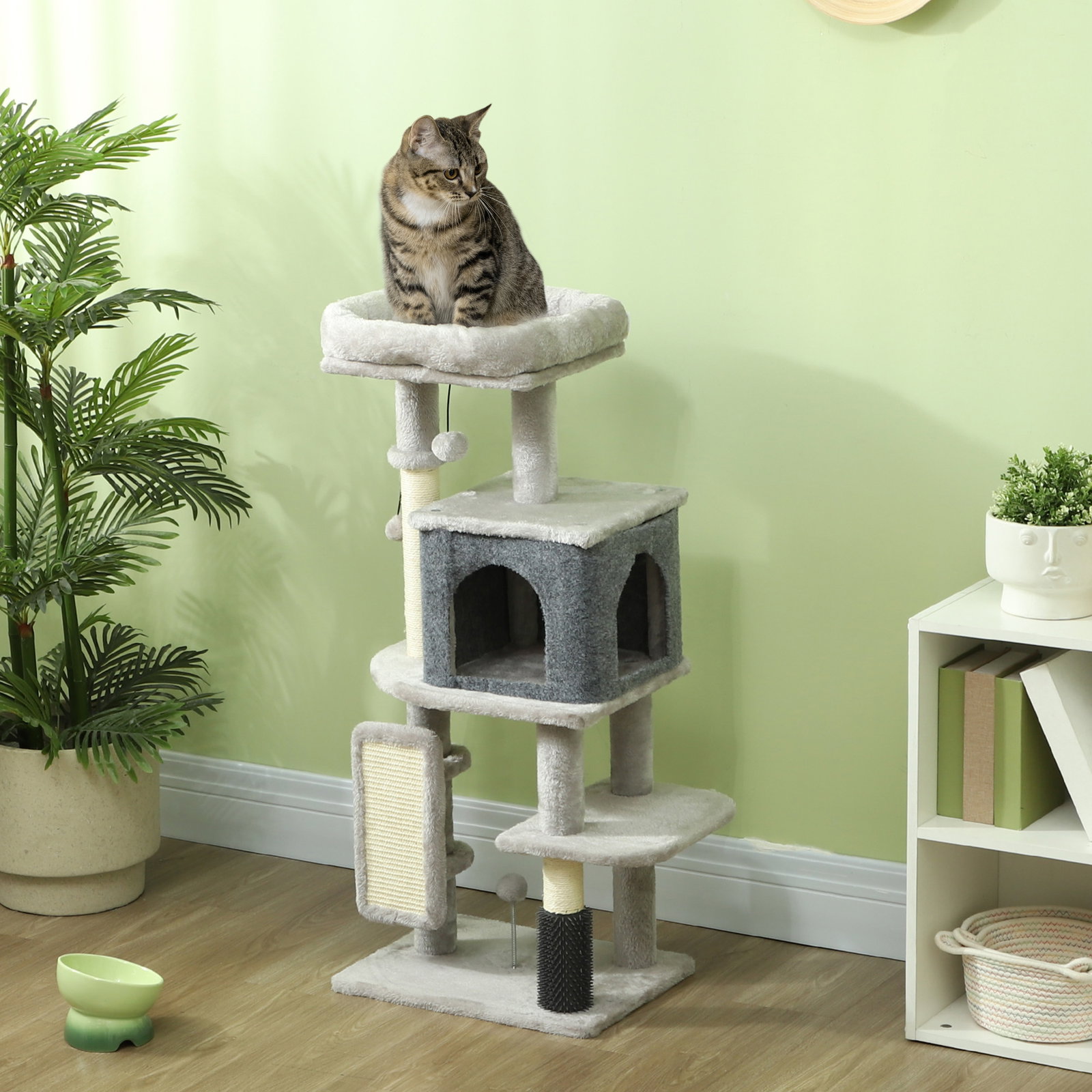 Arranhador para gatos grande altura 104 cm com plataformas postes com escova bolas suspensas e almofadas para arranhar cinza