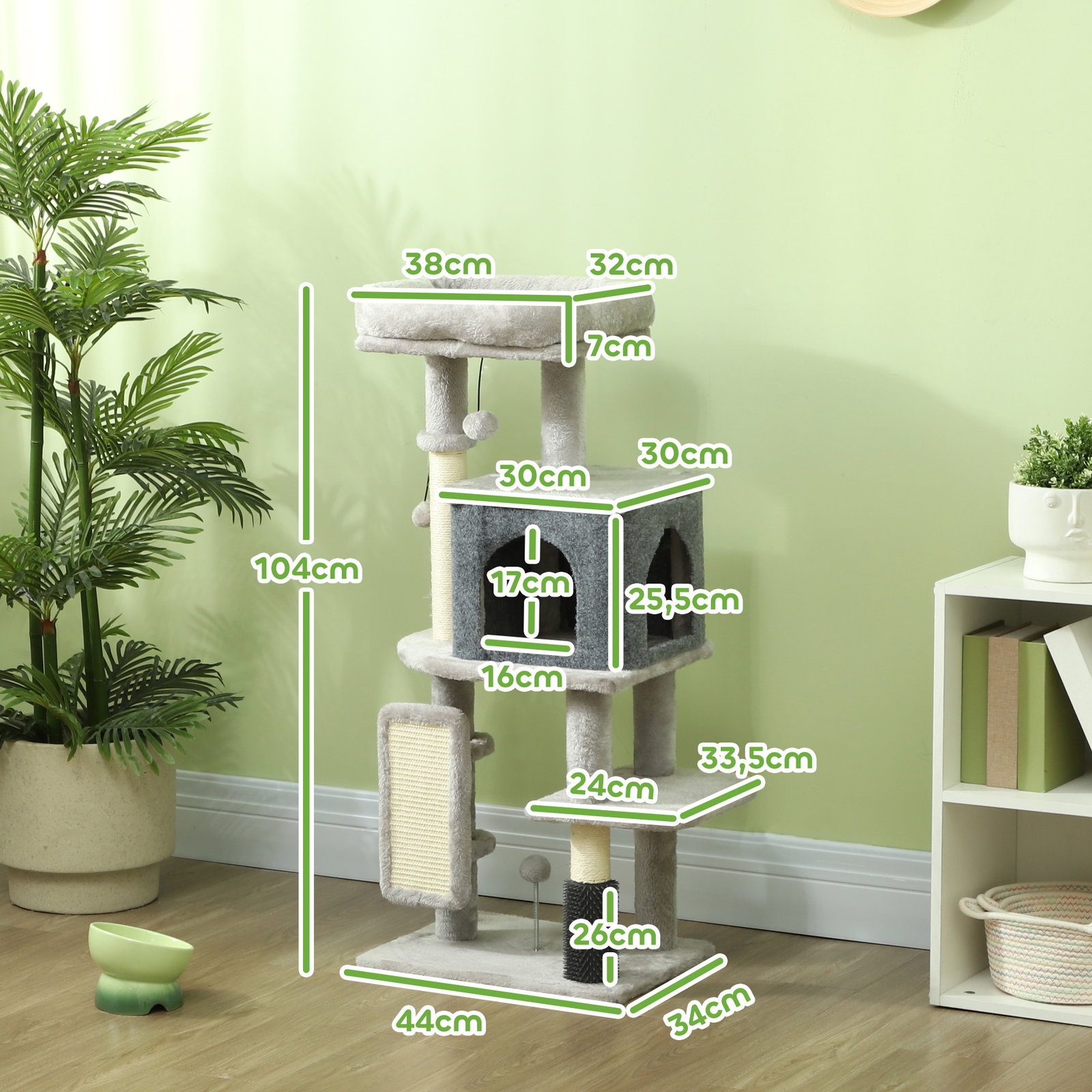 Arranhador para gatos grande altura 104 cm com plataformas postes com escova bolas suspensas e almofadas para arranhar cinza
