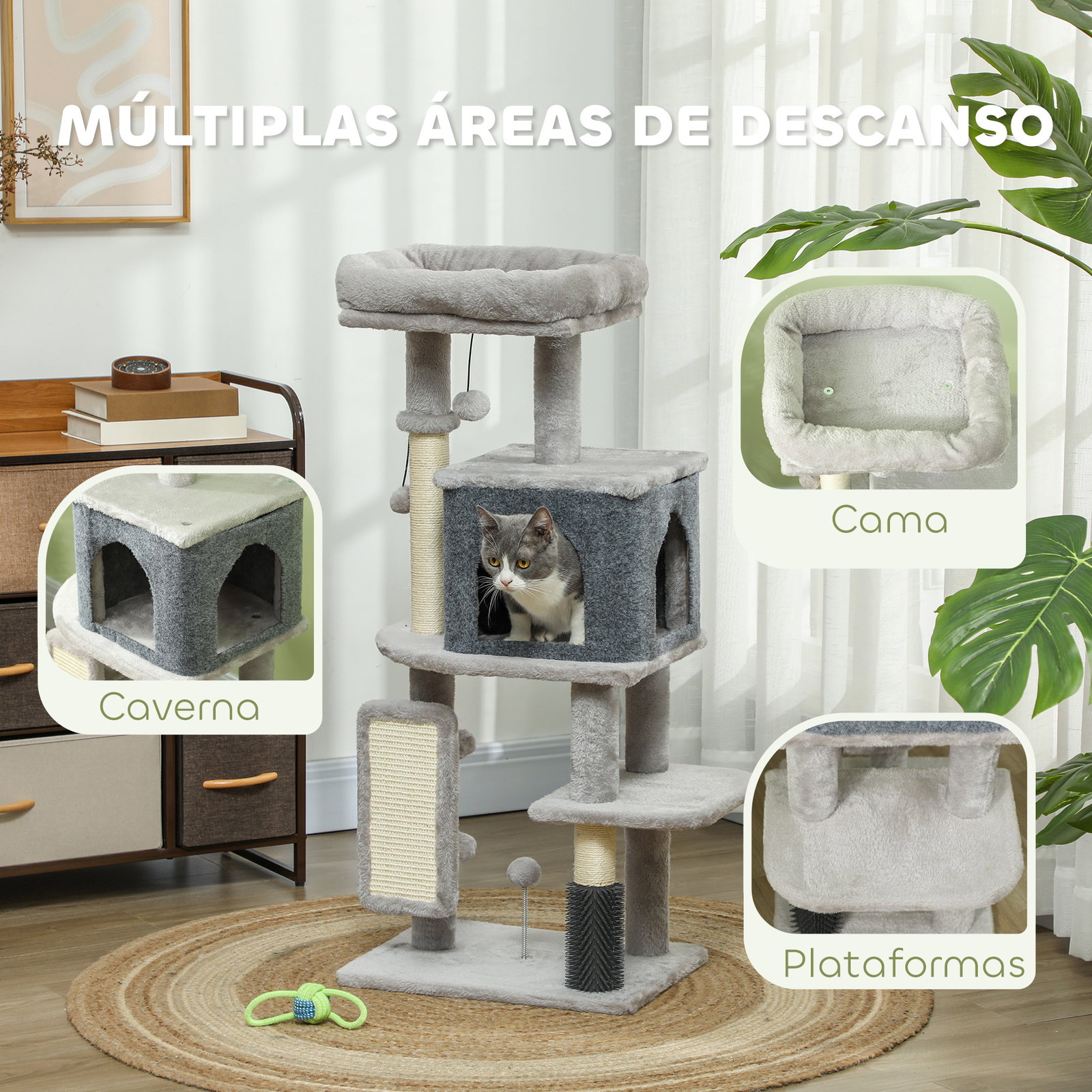 Arranhador para gatos grande altura 104 cm com plataformas postes com escova bolas suspensas e almofadas para arranhar cinza