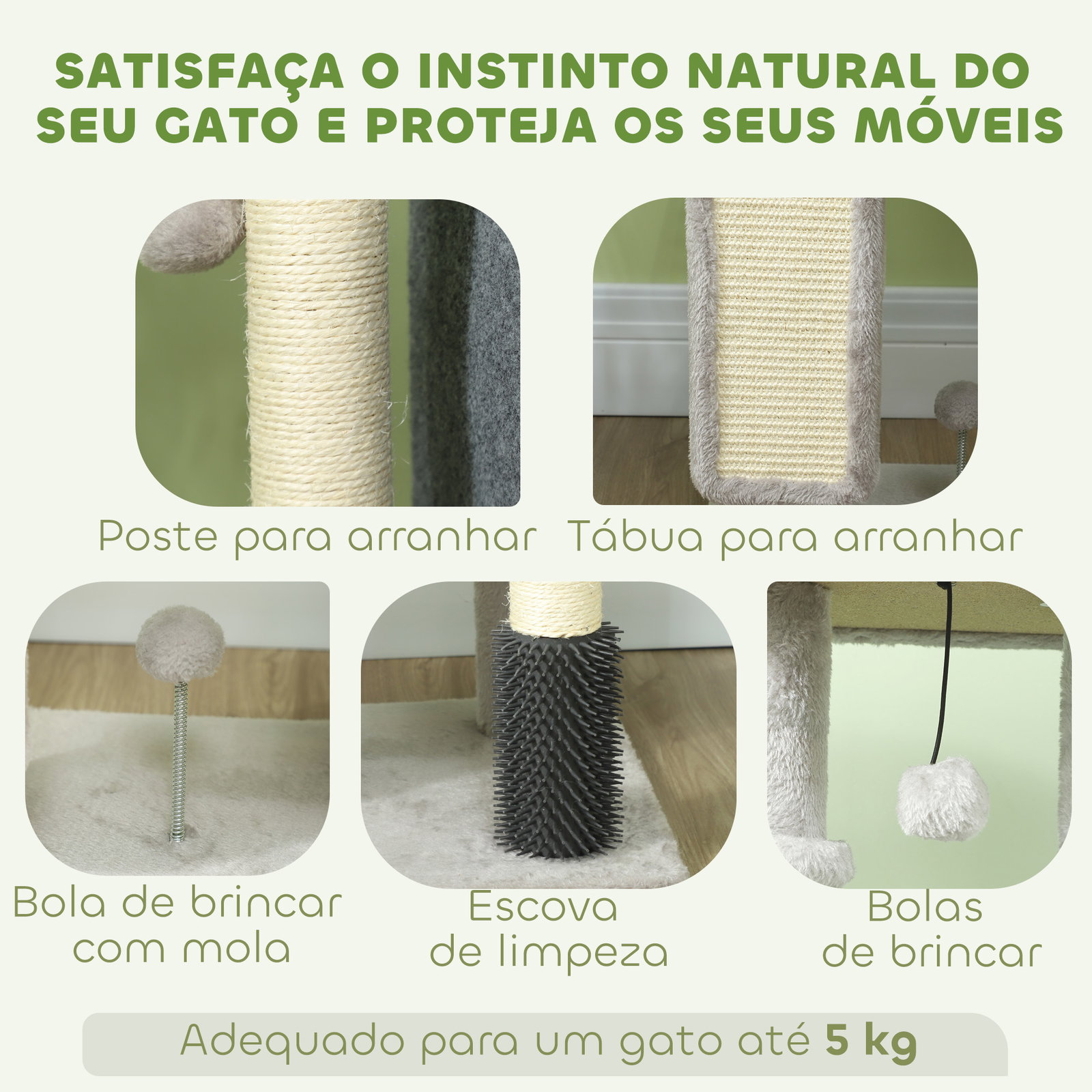 Arranhador para gatos grande altura 104 cm com plataformas postes com escova bolas suspensas e almofadas para arranhar cinza