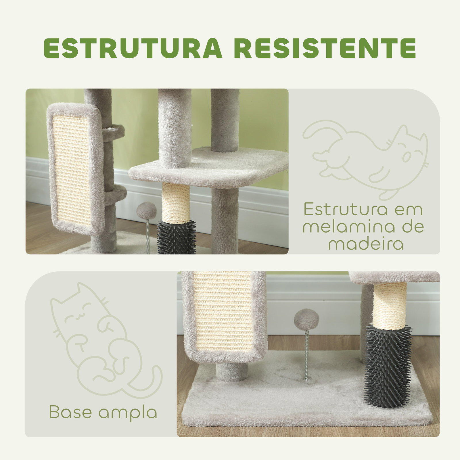Arranhador para gatos grande altura 104 cm com plataformas postes com escova bolas suspensas e almofadas para arranhar cinza