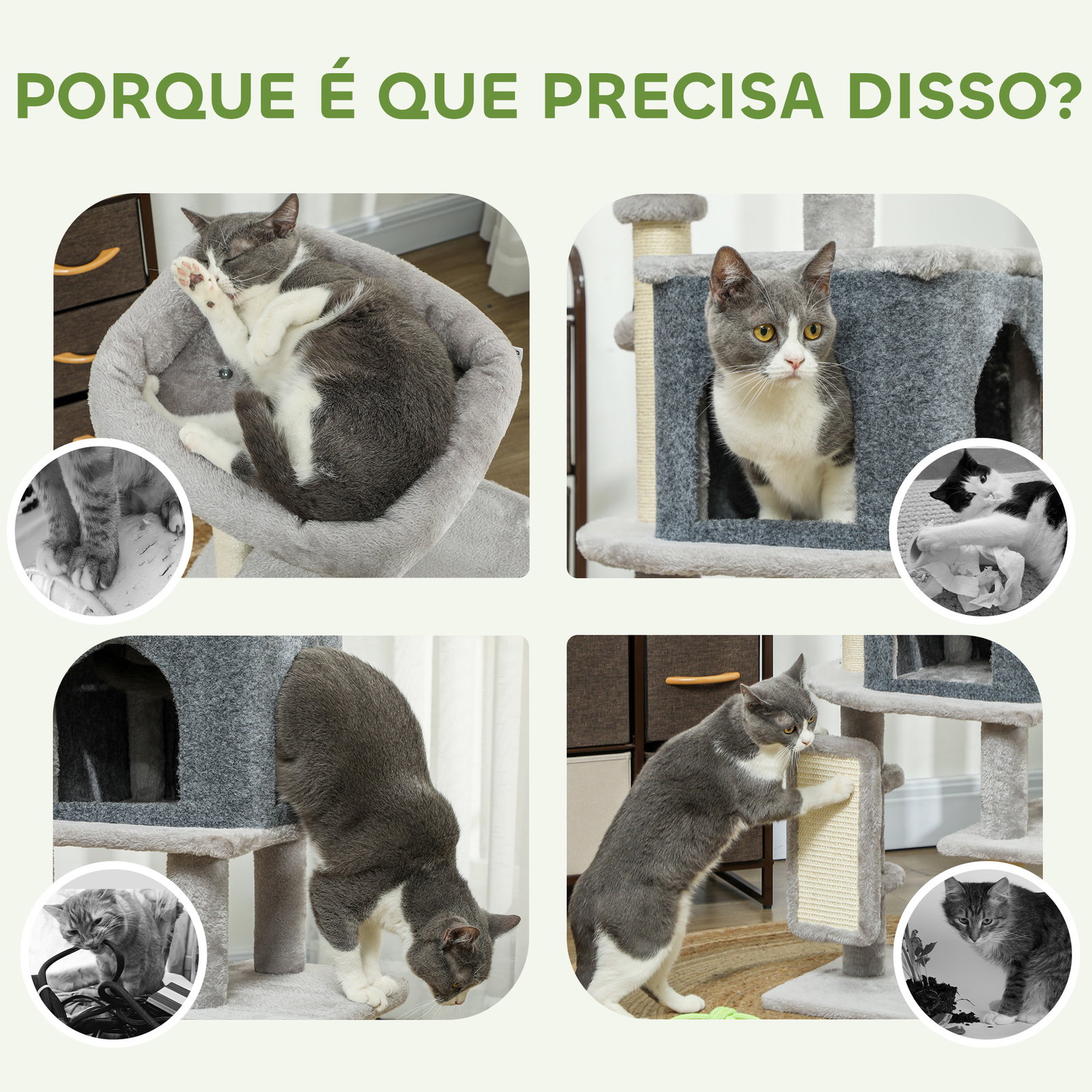 Arranhador para gatos grande altura 104 cm com plataformas postes com escova bolas suspensas e almofadas para arranhar cinza