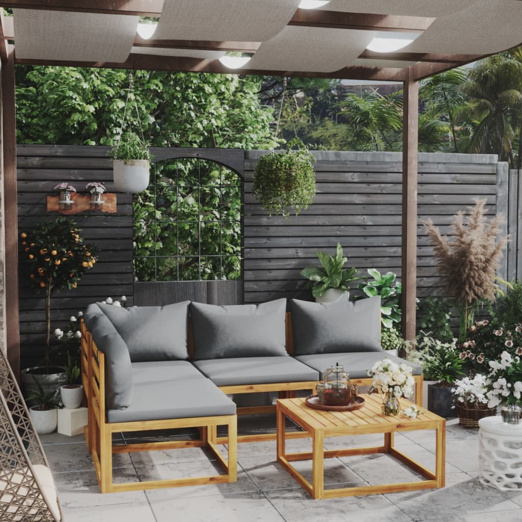 5 Pcs conjunto lounge de jardim c/ almofadões acácia maciça