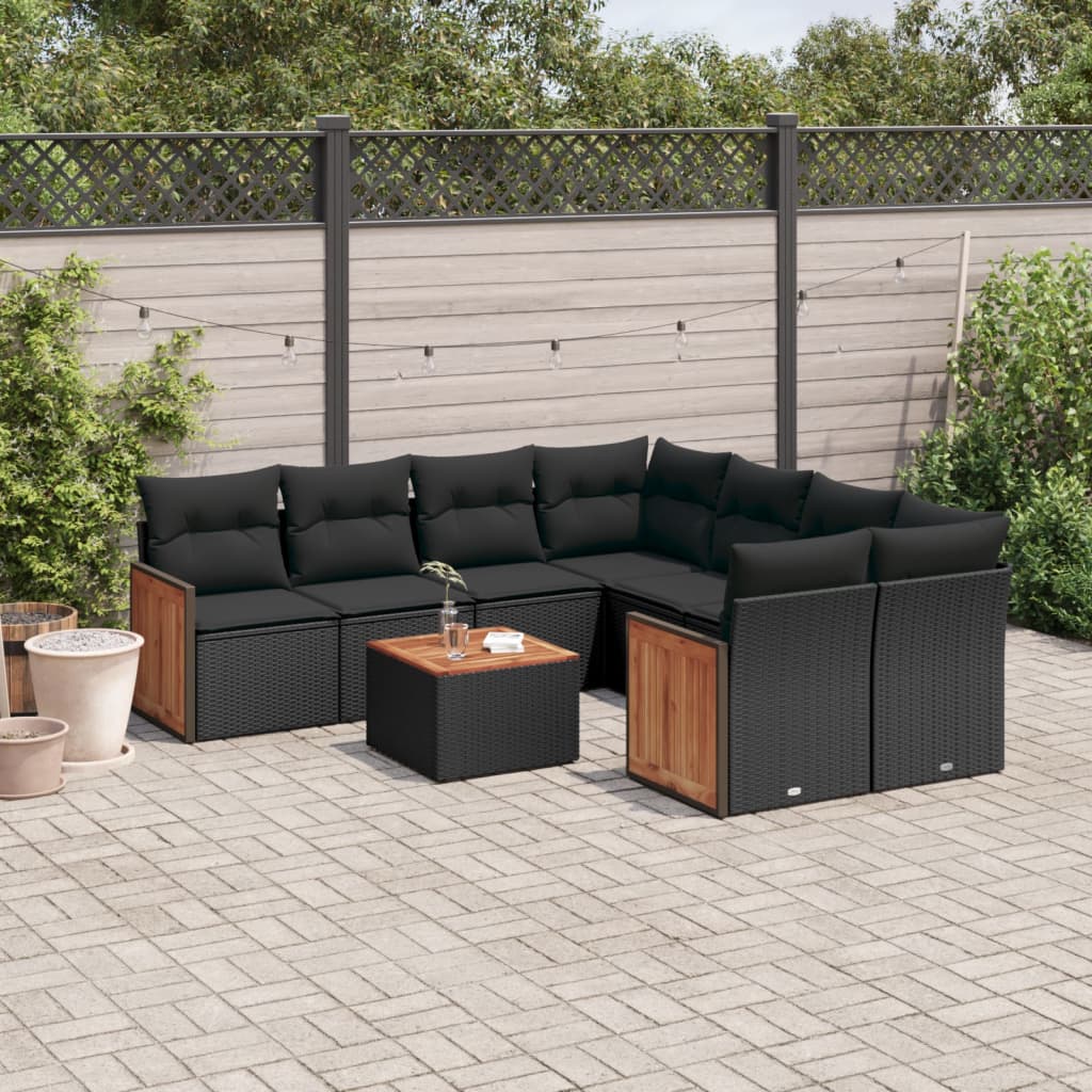 9 Pcs conjunto de sofás p/ jardim c/ almofadões vime PE preto