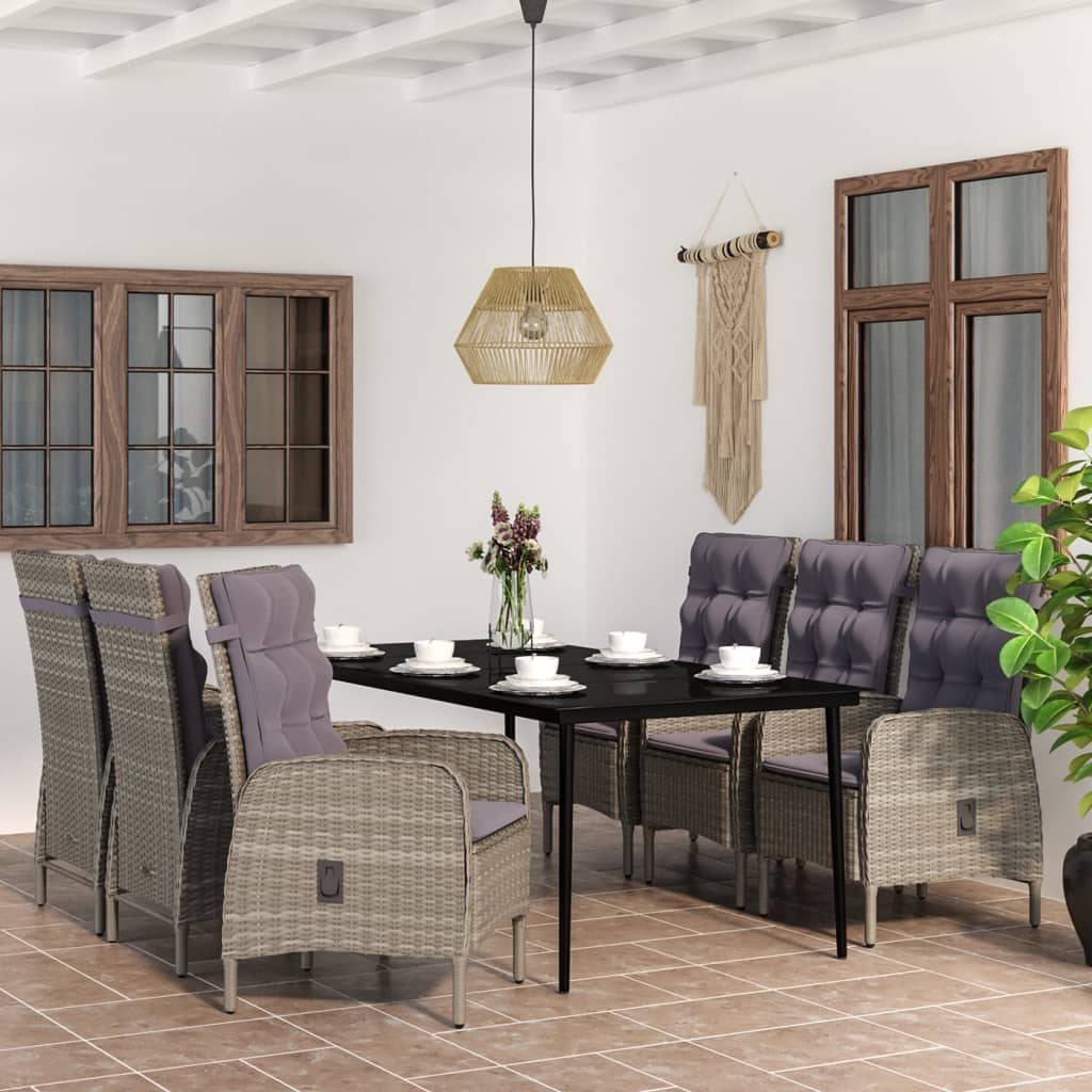 7 Pcs conjunto de jantar p/ jardim c/ almofadões cinza e preto