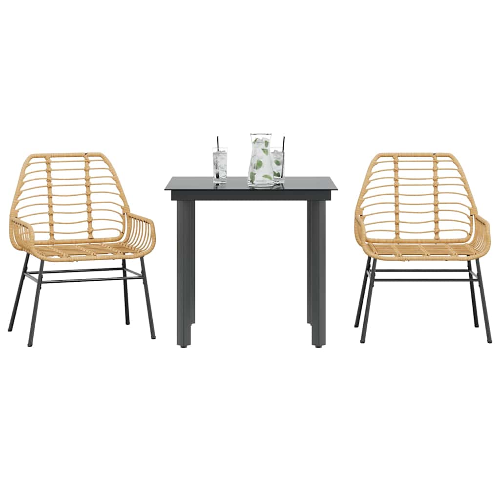Conjunto jantar jardim 3 peças vidro vime PE castanho