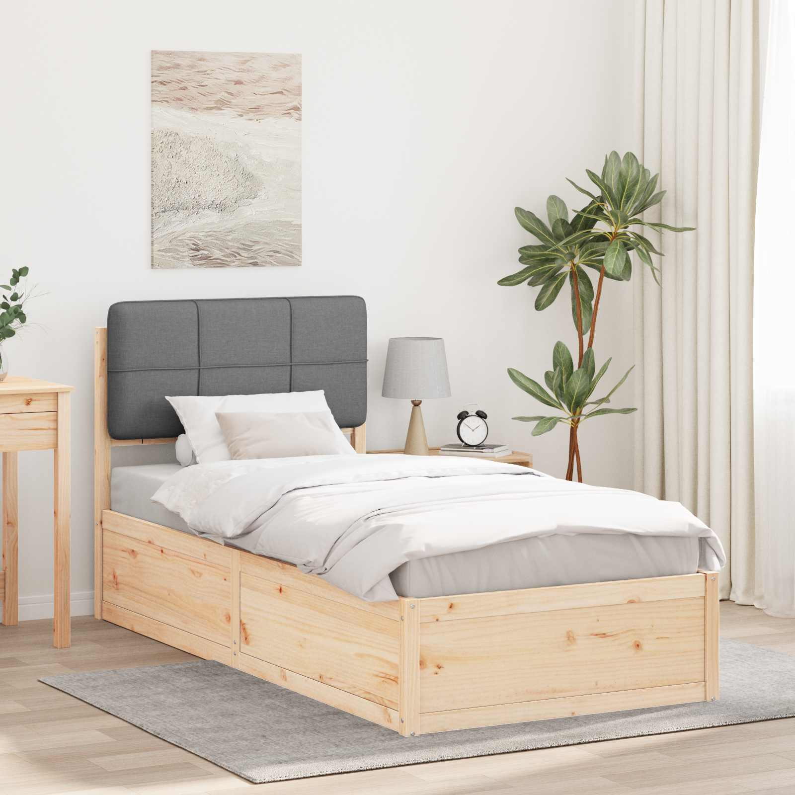 Estrutura de cama com cabeceira estofada cinzento-claro