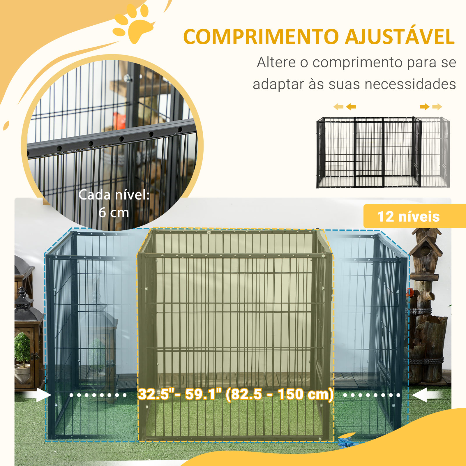 Parque para cães de 6 painéis com largura ajustável e estrutura de aço 82,5-150x79x81 cm preto