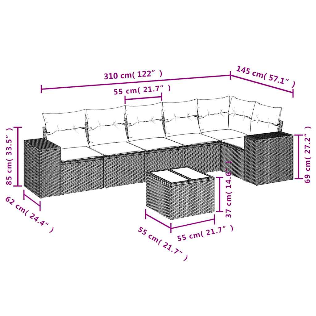 7 Pcs conjunto de sofás p/ jardim c/ almofadões vime PE preto