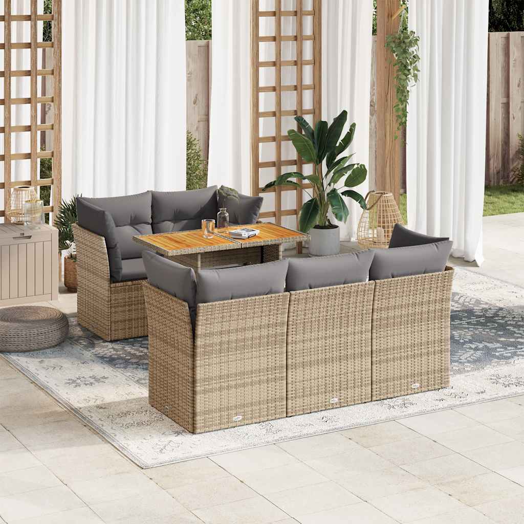 6 Pcs conjunto de sofás p/ jardim com almofadões vime PE bege
