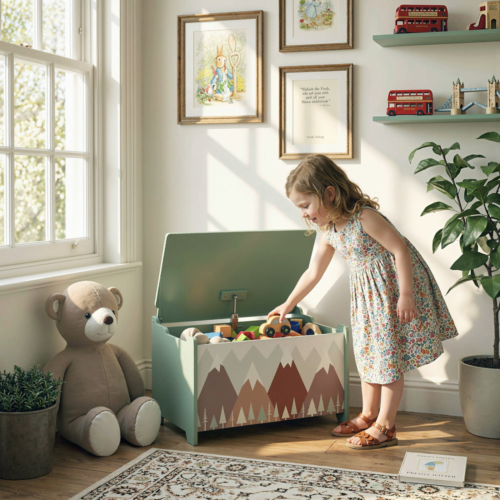 Baú de brinquedos organizador de brinquedos para crianças de 3 a 8 anos com estampado em animaos 60x37x39 cm verde