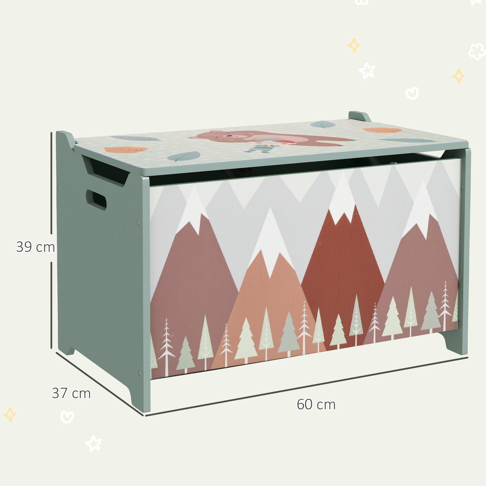 Baú de brinquedos organizador de brinquedos para crianças de 3 a 8 anos com estampado em animaos 60x37x39 cm verde