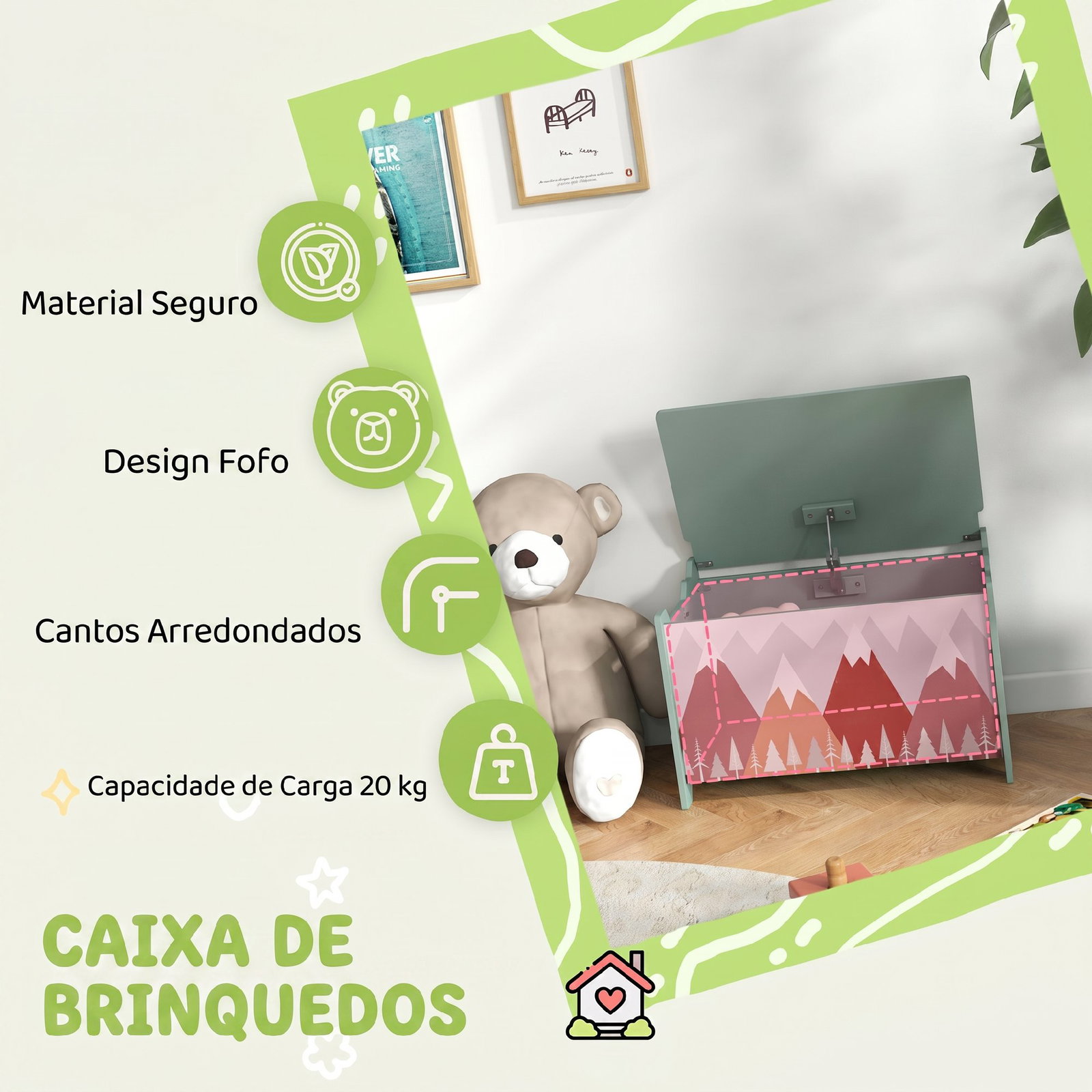 Baú de brinquedos organizador de brinquedos para crianças de 3 a 8 anos com estampado em animaos 60x37x39 cm verde