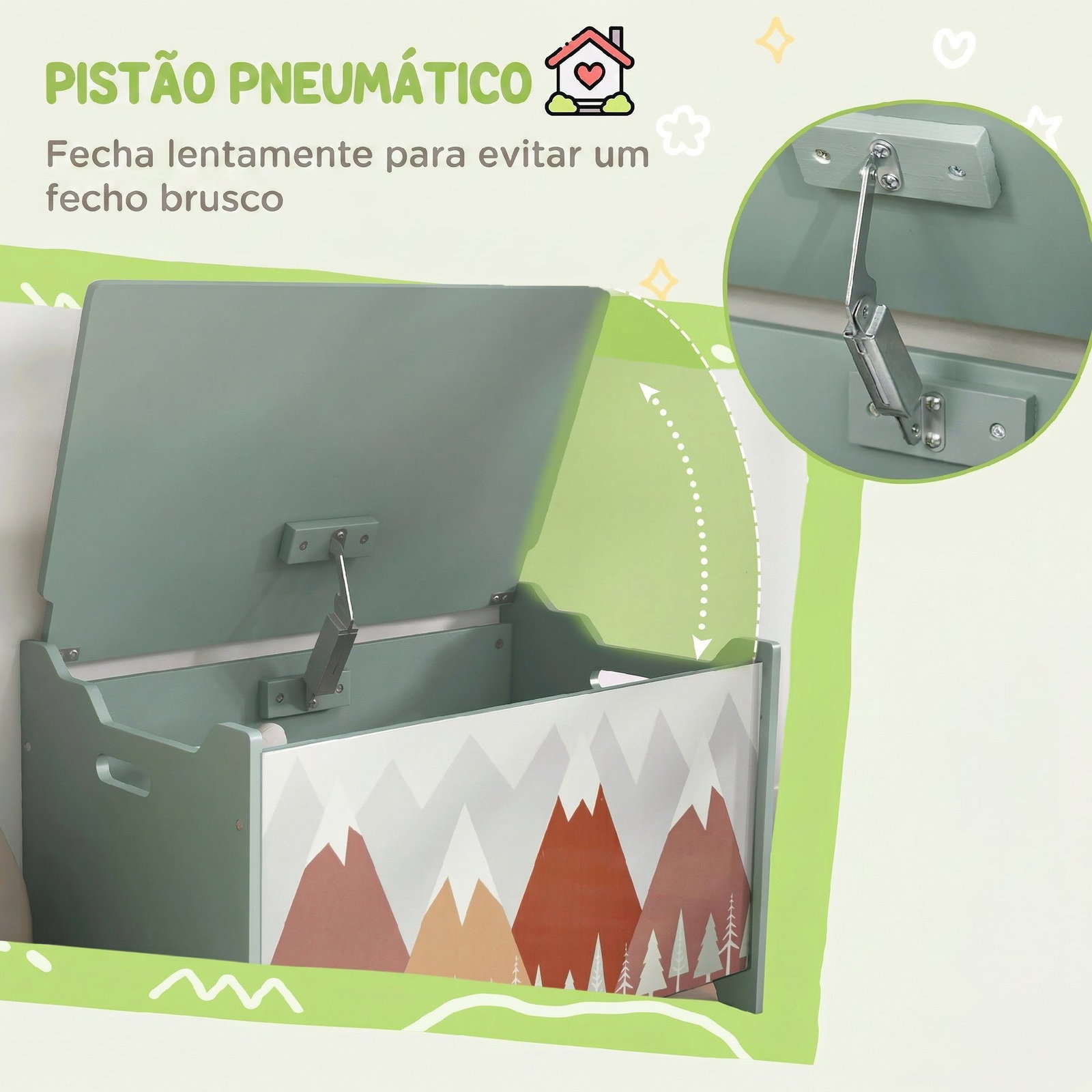 Baú de brinquedos organizador de brinquedos para crianças de 3 a 8 anos com estampado em animaos 60x37x39 cm verde
