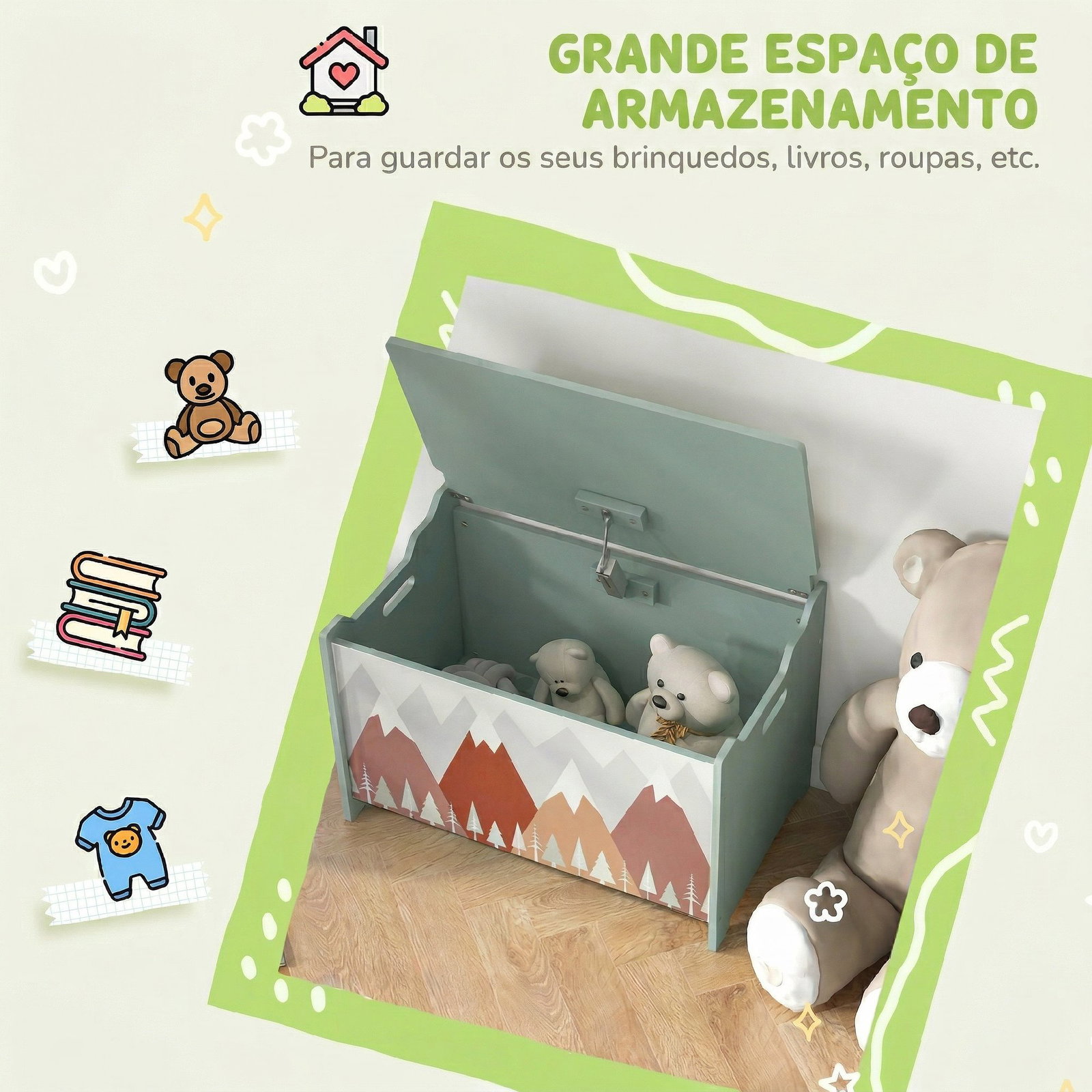 Baú de brinquedos organizador de brinquedos para crianças de 3 a 8 anos com estampado em animaos 60x37x39 cm verde