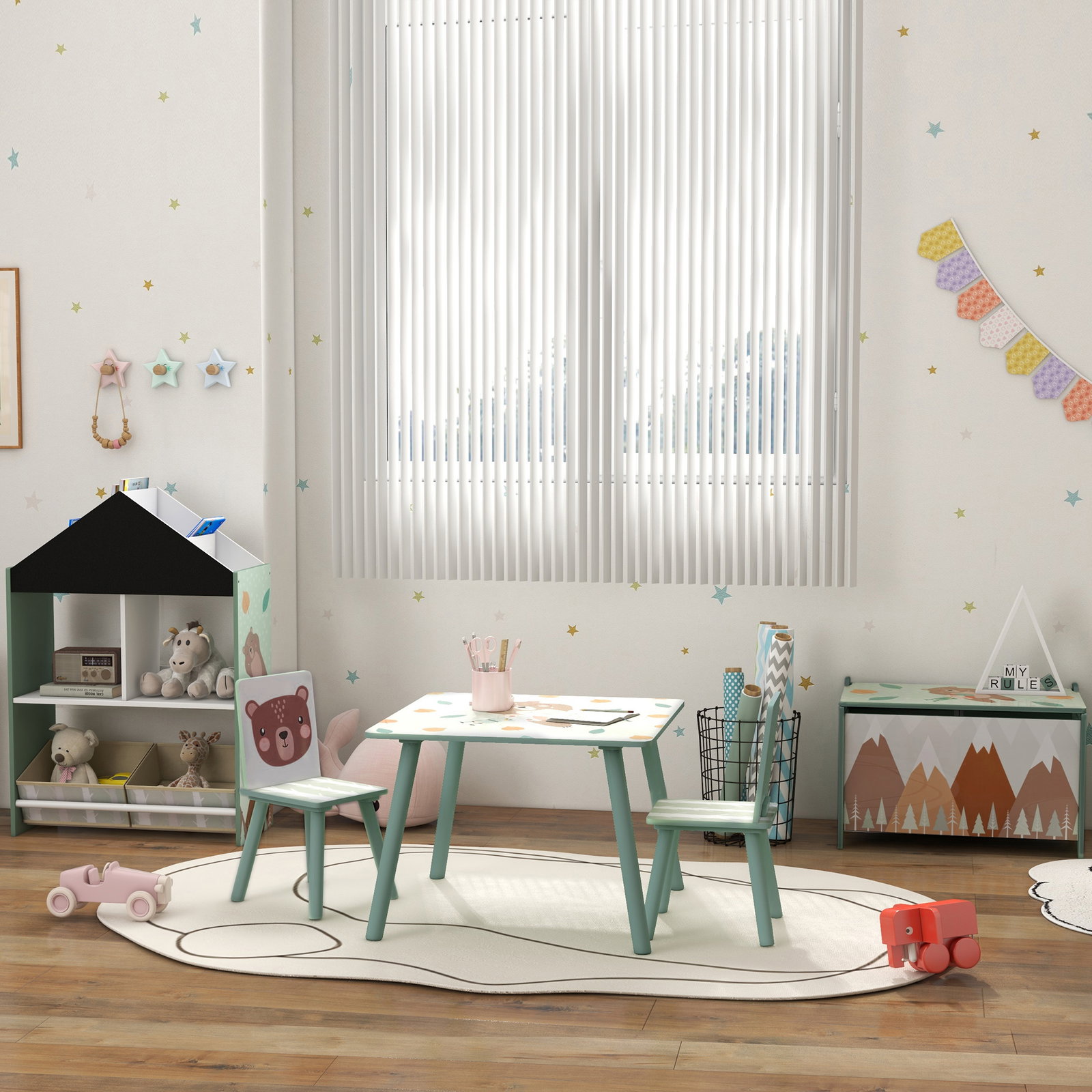 Baú de brinquedos organizador de brinquedos para crianças de 3 a 8 anos com estampado em animaos 60x37x39 cm verde