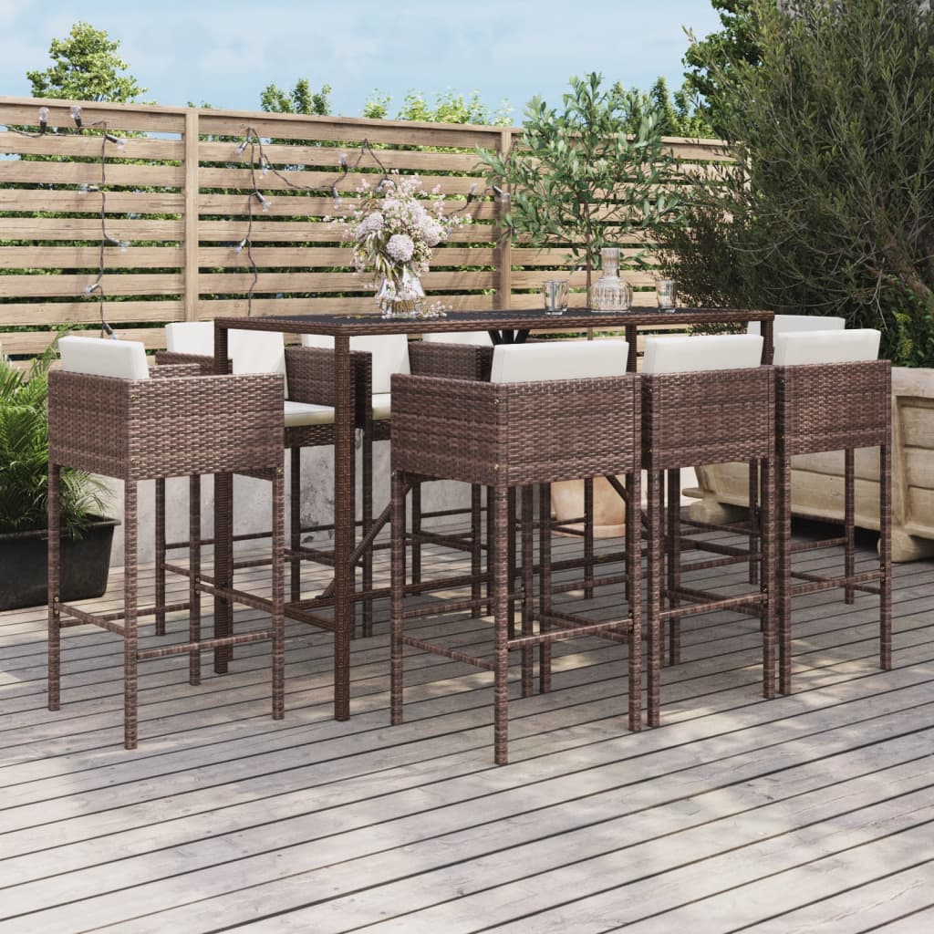 9 Pcs conjunto de bar p/ jardim c/ almofadões vime PE castanho