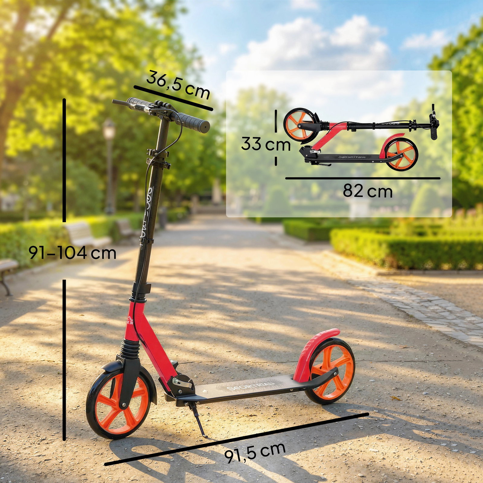 Trotinete dobrável com guiador ajustável, rodas grandes de 200 mm, amortecimento e travão, carga máxima de 100 kg, 91,5x36,5x91-104 cm, vermelho