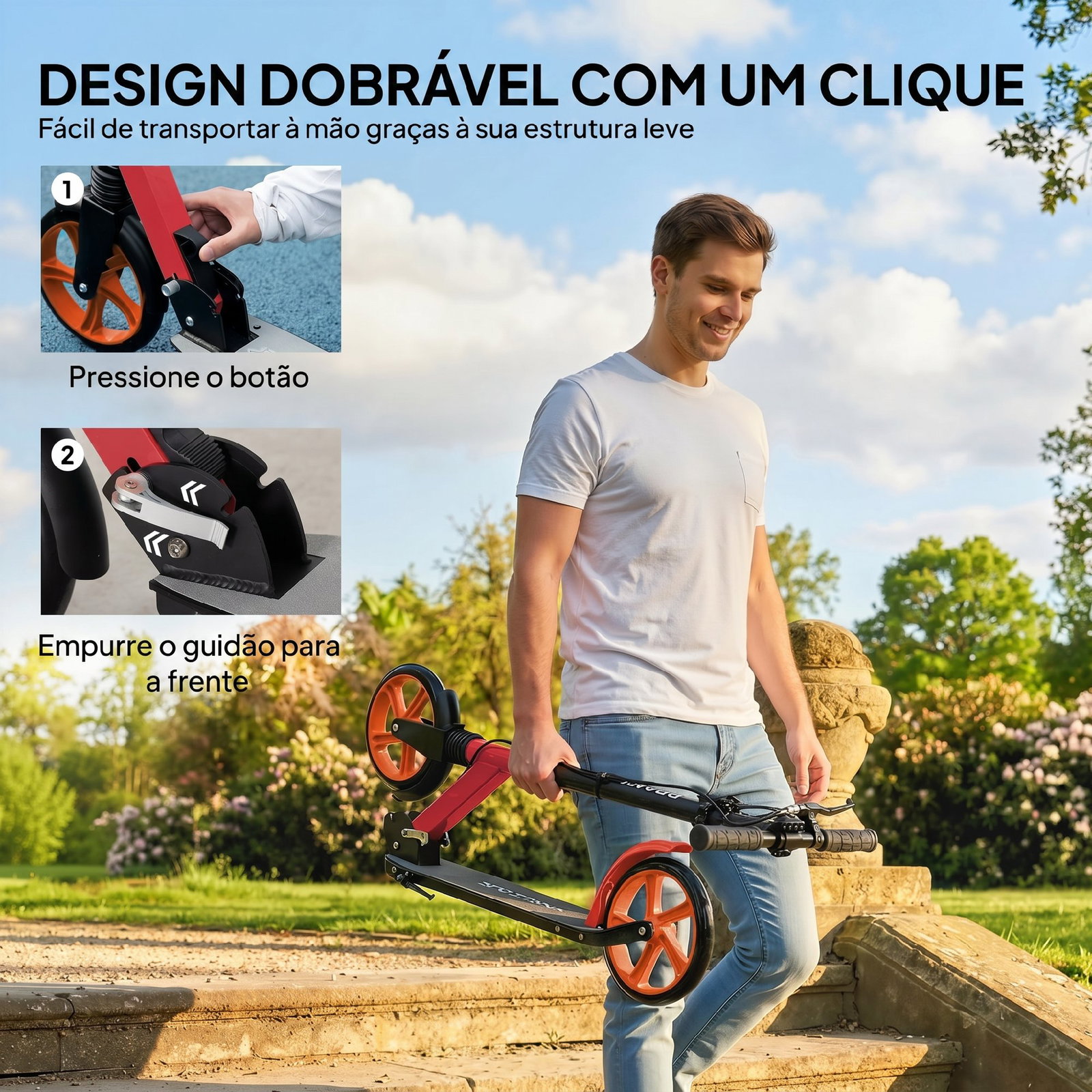 Trotinete dobrável com guiador ajustável, rodas grandes de 200 mm, amortecimento e travão, carga máxima de 100 kg, 91,5x36,5x91-104 cm, vermelho