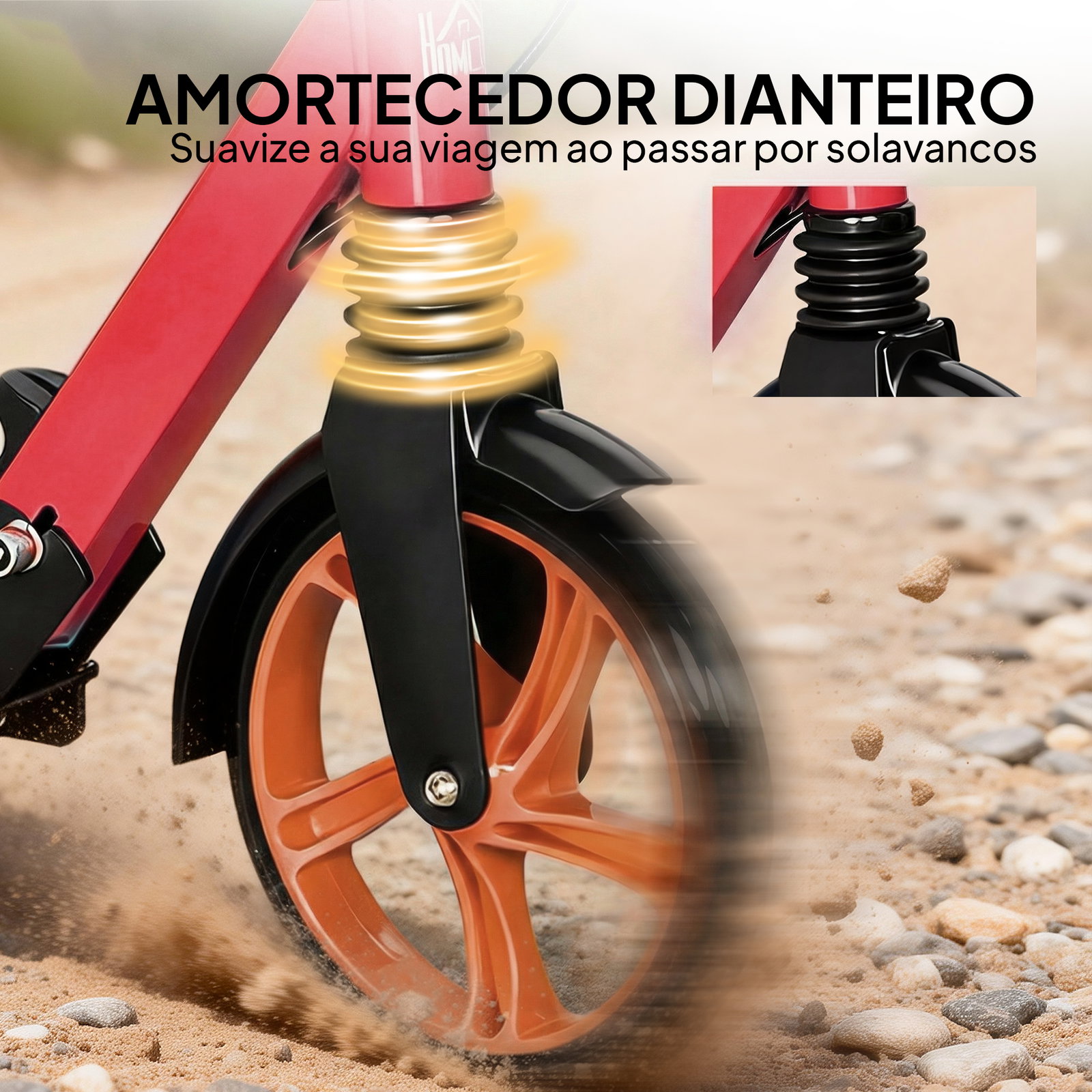 Trotinete dobrável com guiador ajustável, rodas grandes de 200 mm, amortecimento e travão, carga máxima de 100 kg, 91,5x36,5x91-104 cm, vermelho