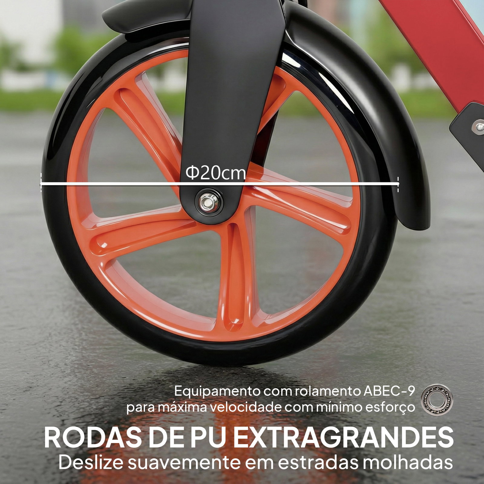 Trotinete dobrável com guiador ajustável, rodas grandes de 200 mm, amortecimento e travão, carga máxima de 100 kg, 91,5x36,5x91-104 cm, vermelho
