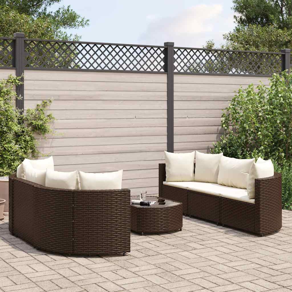 7 Pcs conjunto de sofás jardim c/ almofadões vime PE castanho
