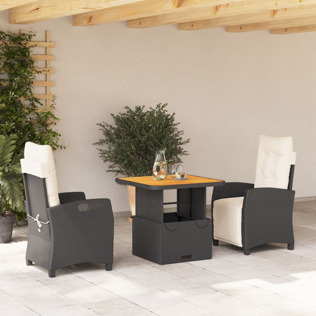 3 Pcs conjunto de jantar p/ jardim c/ almofadões vime PE preto