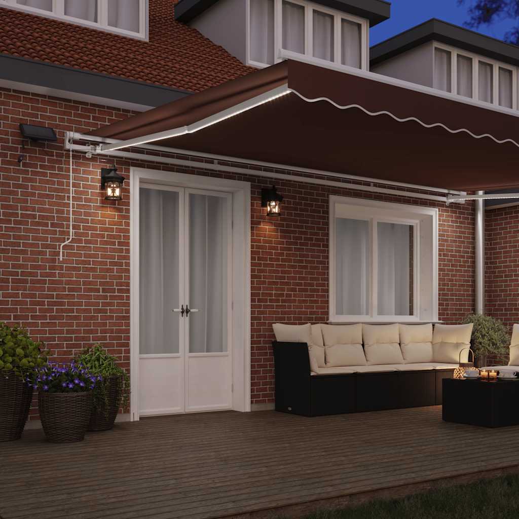 Toldo retrátil manual com luz LED 500x300 cm castanho