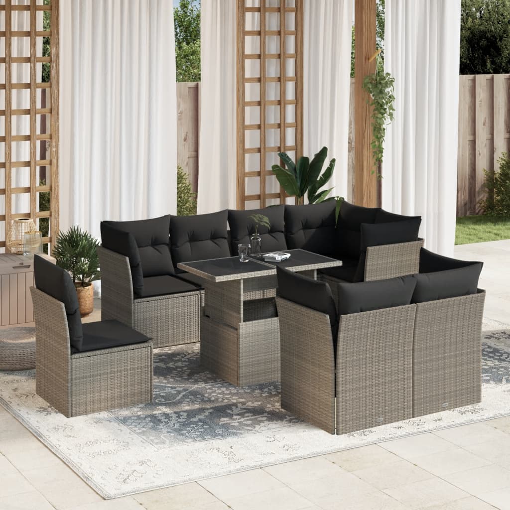 9 Pcs conj. sofás jardim com almofadões vime PE cinzento-claro