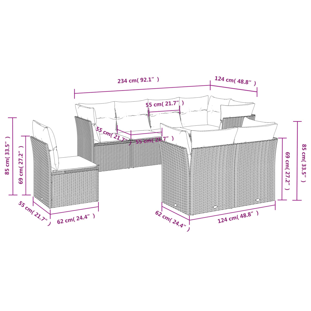 8 Pcs conjunto sofás de jardim com almofadões vime PE preto