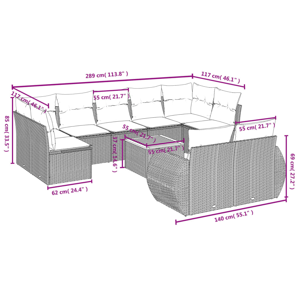 10 Pcs conjunto sofás de jardim c/ almofadões vime PE cinzento