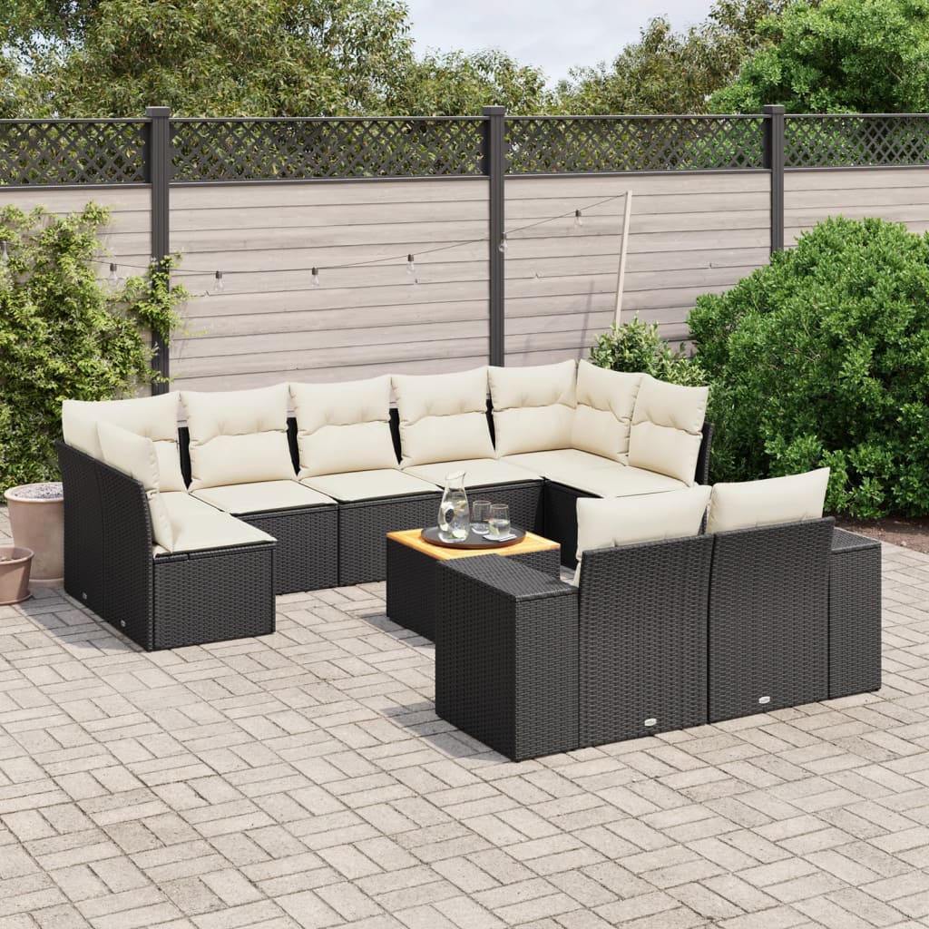 10 Pcs conjunto sofás de jardim c/ almofadões vime PE preto