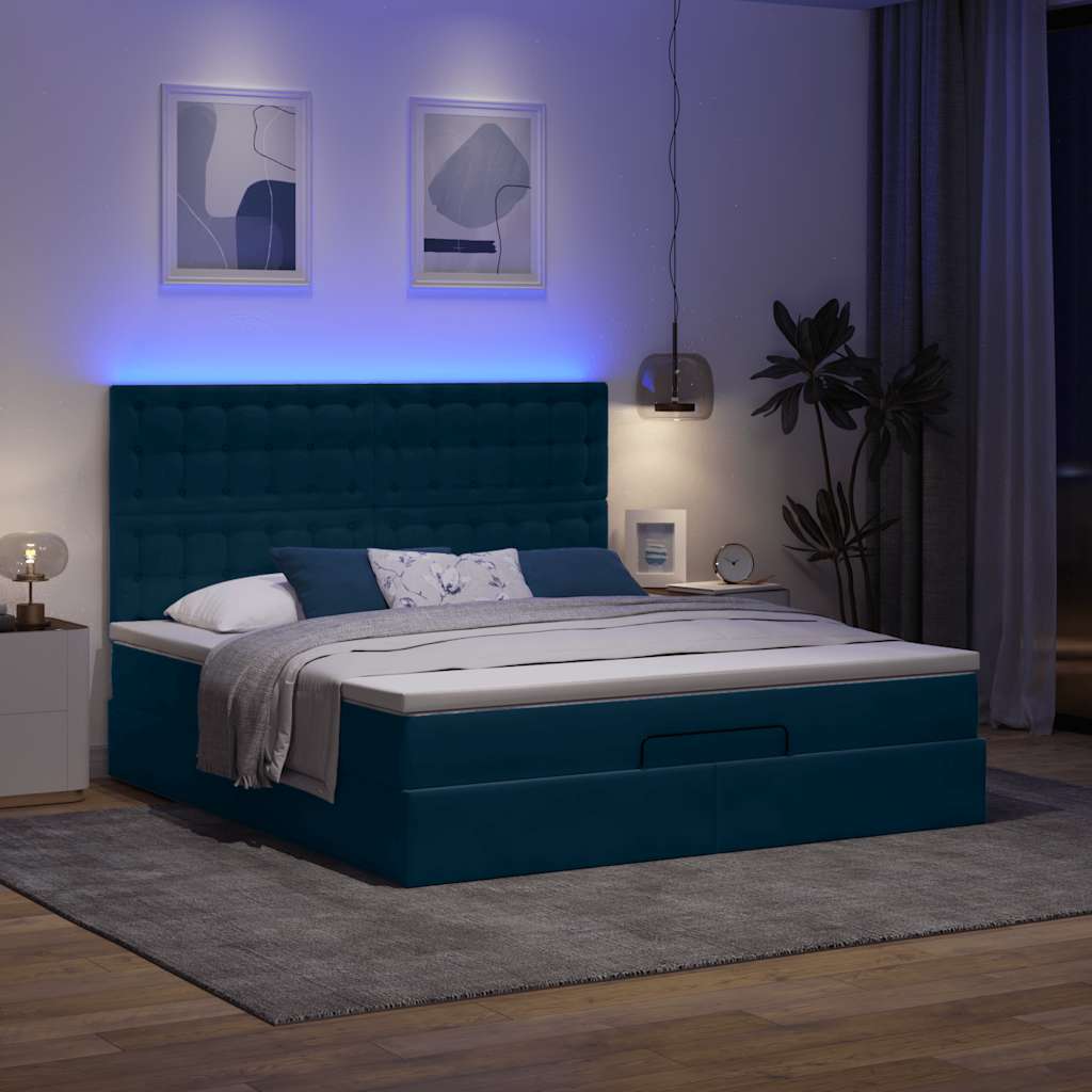 Estrutura de cama otomana com colchão azul escuro veludo