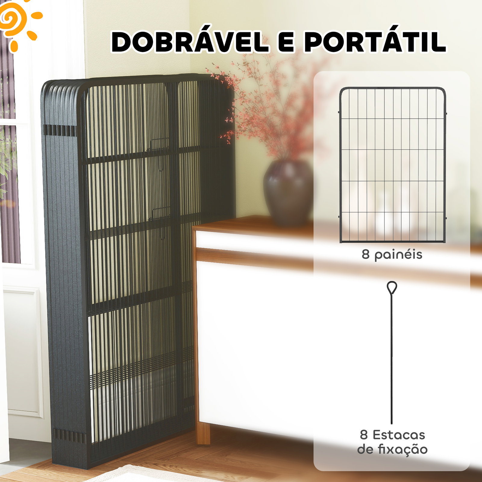 Parque para cães de 8 painéis 68x100 cm parque dobrável para cães médios com portas fecho e estacas preto
