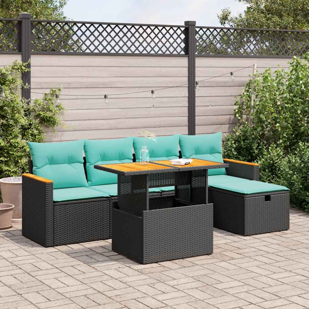 6 Pcs conjunto sofás jardim c/ almofadões vime PE/acácia preto