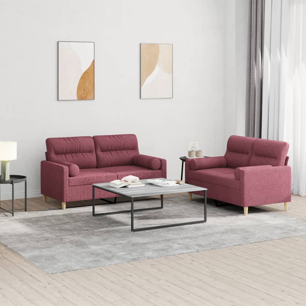 2 Pcs conjunto de sofás com almofadas tecido vermelho-tinto