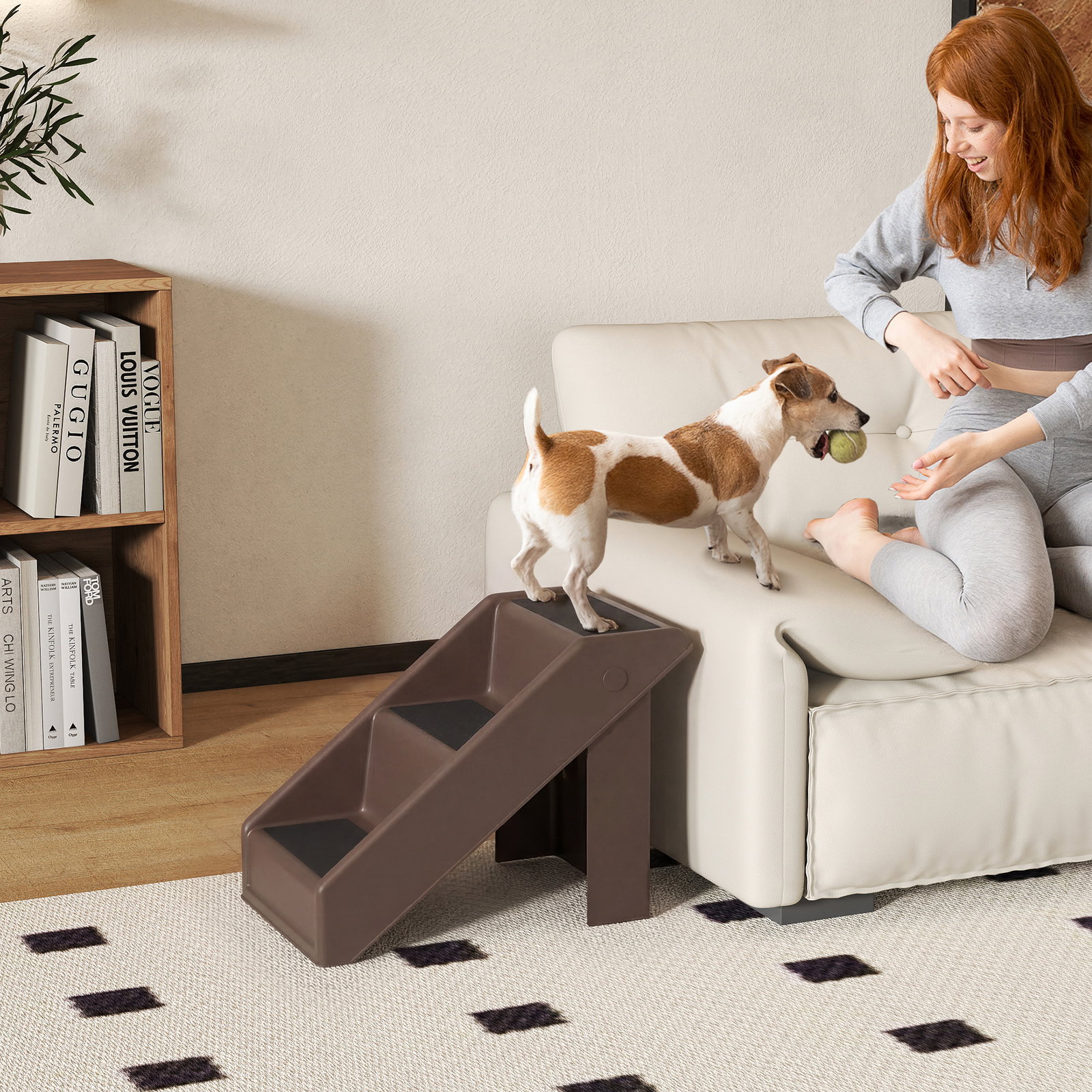Escada dobrável para cães de 3 degraus para animais de estimação idosos para cama sofá 53x30,5x36,5 cm castanho
