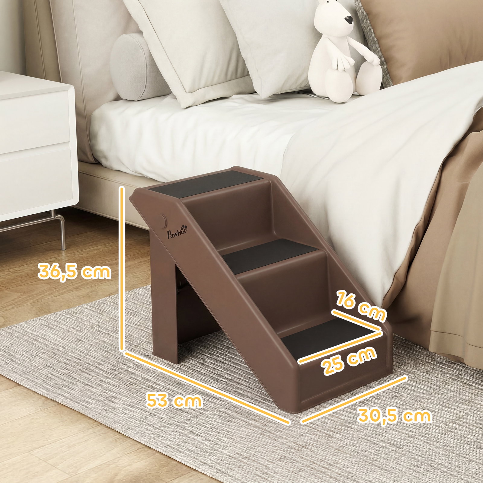 Escada dobrável para cães de 3 degraus para animais de estimação idosos para cama sofá 53x30,5x36,5 cm castanho