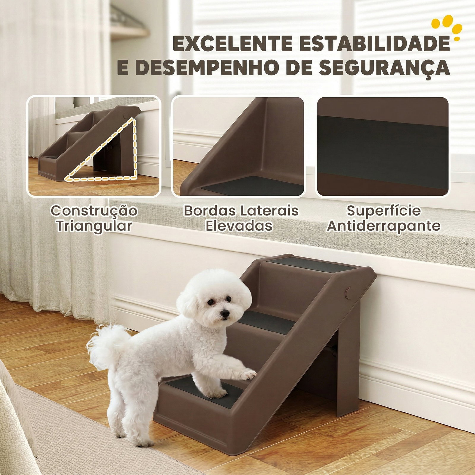 Escada dobrável para cães de 3 degraus para animais de estimação idosos para cama sofá 53x30,5x36,5 cm castanho